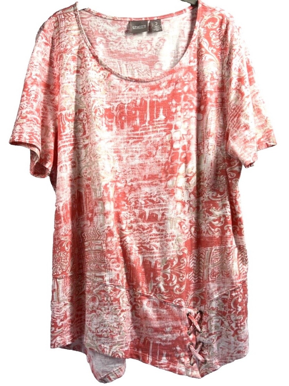 Chico’s Women's Sz 3 Short Sleeve Shirt Coral White Paisley Asymmetrical Hem XL